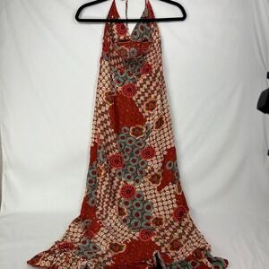Vintage Y2K Batik Mixed Print Halter Maxi Dress – Smocked Waist Ruffle Hem S/M